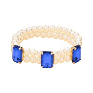 Tigerstars Sapphire Rectangle Stone Pearl Stretch Bracelet
